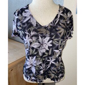 Kathy Ireland Blouse Women’s Size Large Floral Print‎ Lined Black White Olive